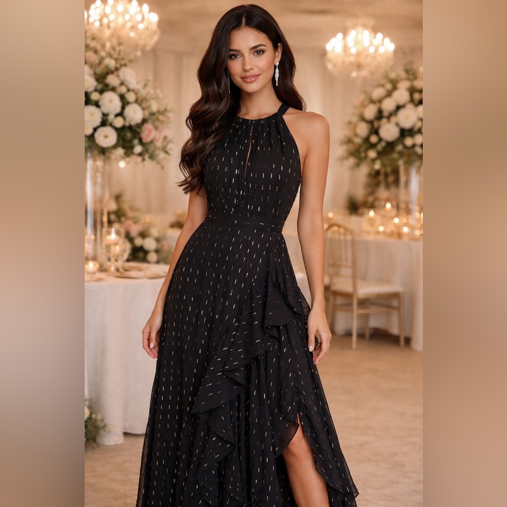 Betsy & Adam Metallic Front Ruffle Slit Halter Nevk Sleeveless Gown